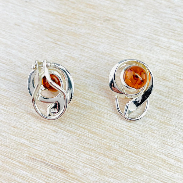 Modern Sterling Silver and Amber Clip On Earrings.