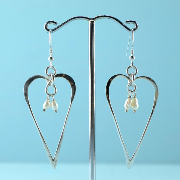 Contemporary Silver and Seed Pearl Heart Drop Earrings.