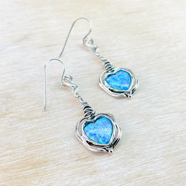 Long Opal and Sterling Silver Heart Earrings.