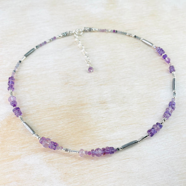 Mixed Amethyst and Sterling Silver Bead Necklace by Emily Merrix.