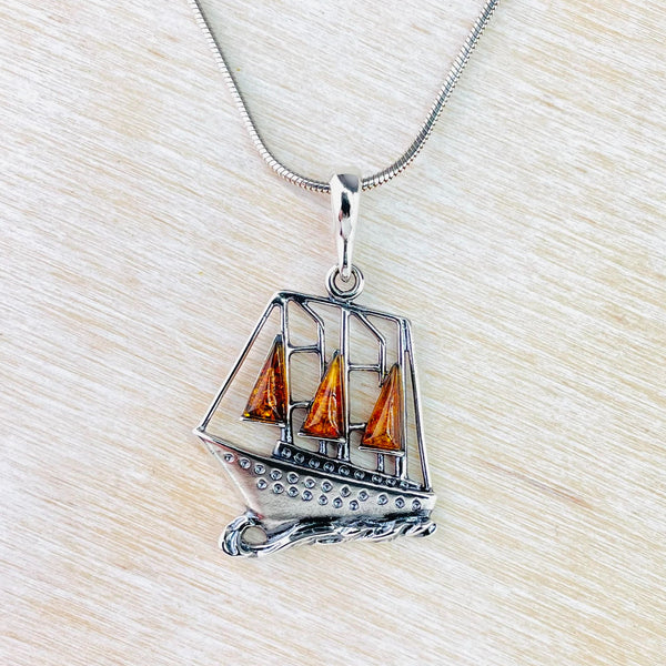 Sterling Silver and Amber 'Tall Ships' Pendant.