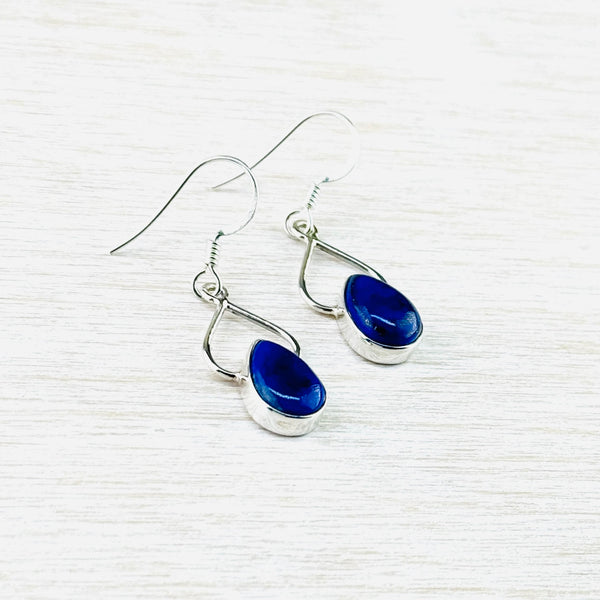 Open Teardrop Sterling Silver and Lapis Lazuli Drop Earrings.