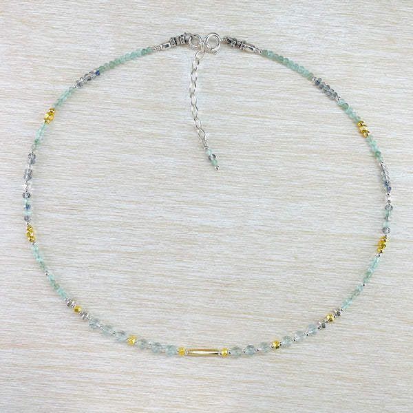 Faceted Aquamarine, Crystal, Silver and Gold Plated Bead Necklace by Emily Merrix.