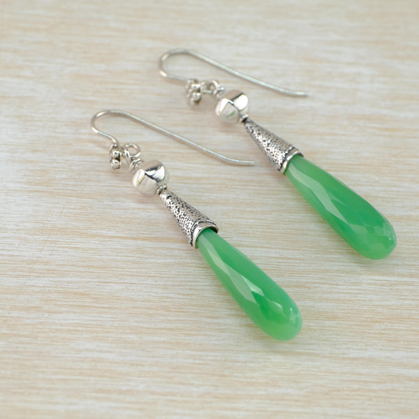 Long Faceted Chrysoprase and Sterling Silver Drop Earrings by Annie Mundy.