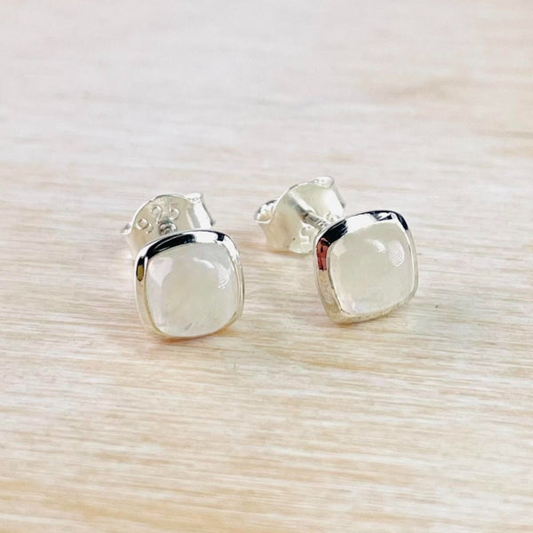 Small Square Rainbow Moonstone and Sterling Silver Stud Earrings.