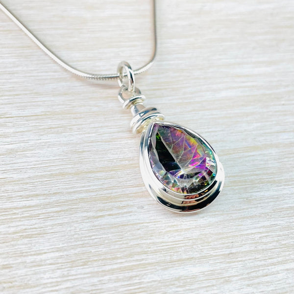 Tear Drop Silver and Mystic Topaz Pendant.