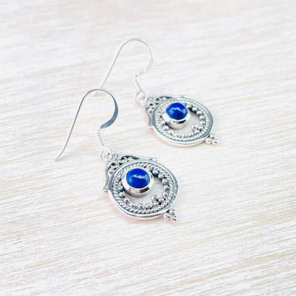 Ethnic Style Sterling Silver And Lapis Lazuli Drop Earrings.