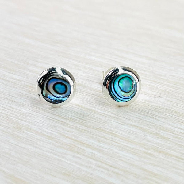 Abalone Shell and Sterling Silver Round Stud Earrings.
