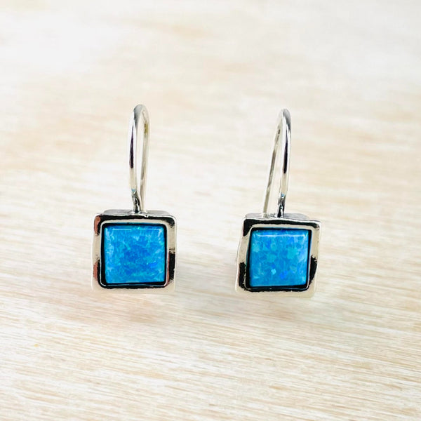 Square Opal and Sterling Silver Drop Earrings.