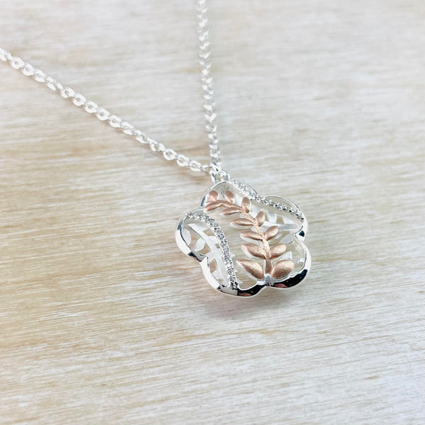 Sterling Silver, Zirconia and Rose Gold 'Flower' Pendant by 'Unique and Co'