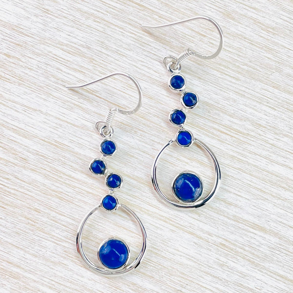 Sterling Silver And Staggered Lapis Lazuli Drop Earrings with Silver Hoop.
