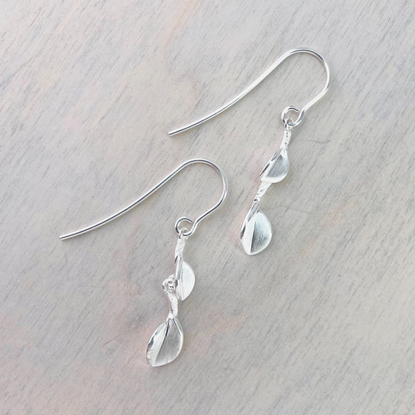 Satin and Polished Silver 'Double Leaf' Drop Earrings by JB Designs.