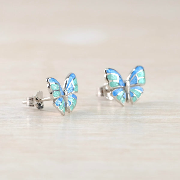 Turquoise Blue Fine Enamel Butterfly Stud Earrings by Nicole Barr.
