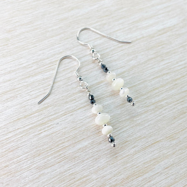 Sterling Silver, Spinel and Mother of Pearl Bead Drop Earrings by Emily Merrix.