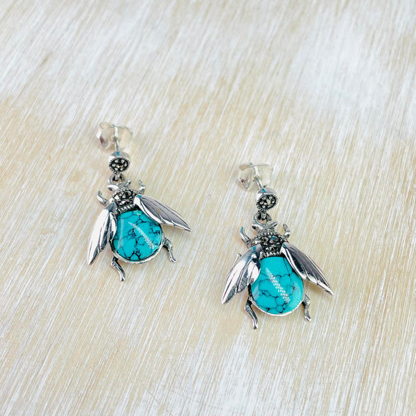 Silver, Marcasite and Turquoise Bee Drop Earrings.