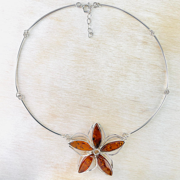 Sterling Silver and Amber Flower Necklace.