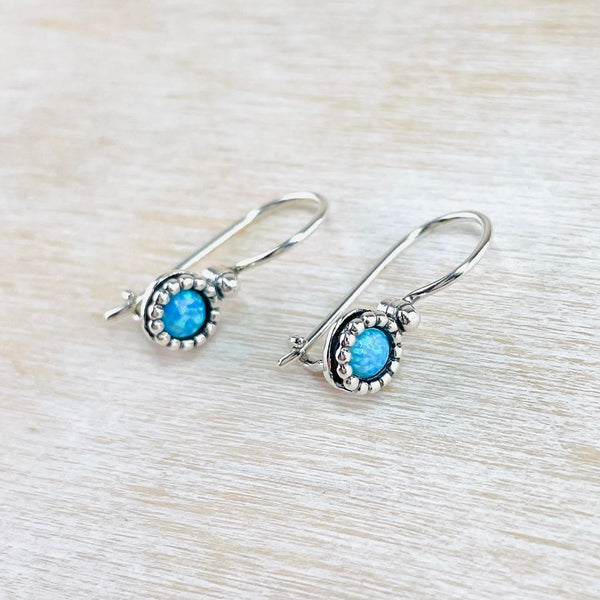 Dotted Round Opal and Sterling Silver Drop Earrings.