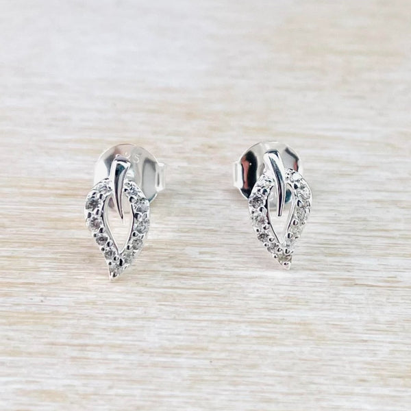 Sterling Silver and Cubic Zirconia Leaf Design Stud Earrings by JB Designs.