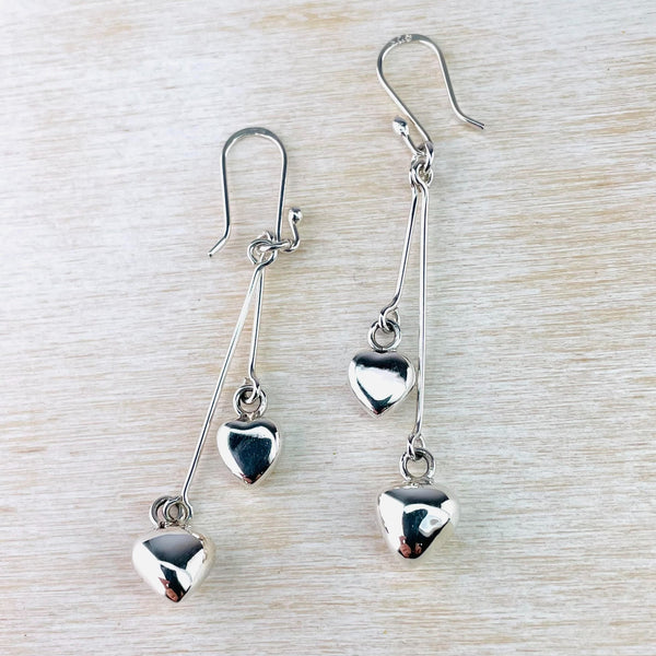 Sterling Silver Long Double Heart Drop Earrings.