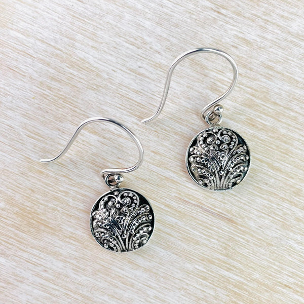 Decorated Round Sterling Silver Drop Earrings