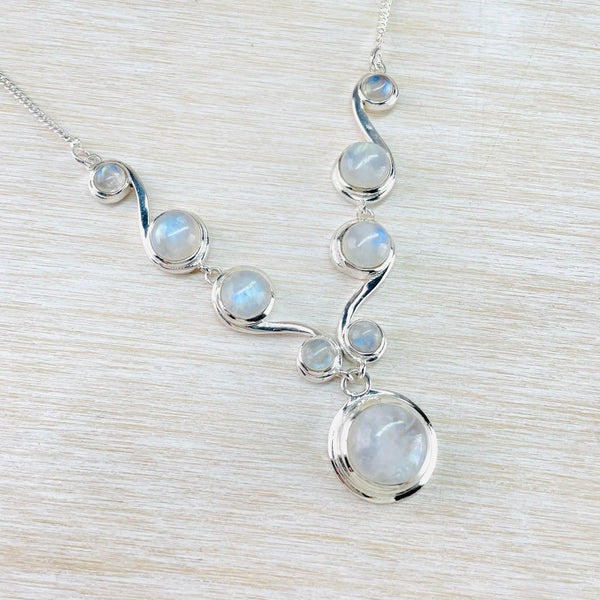 Sterling Silver and Rainbow Moonstone Wave Necklace.