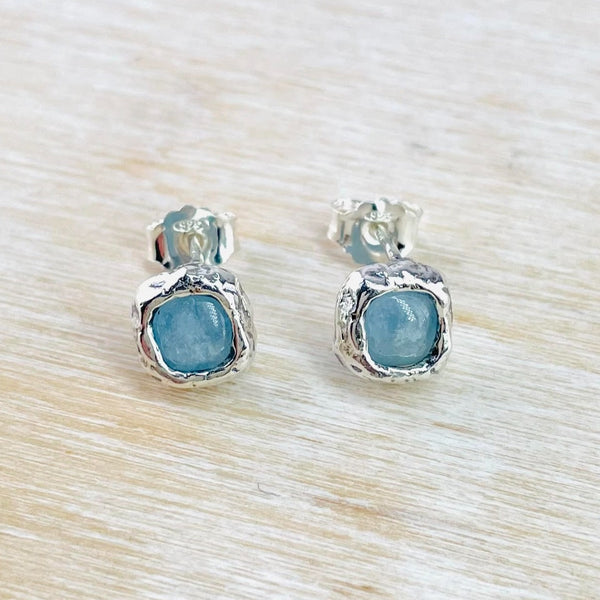 Aquamarine and Textured Silver Square Stud Earrings by JB Designs