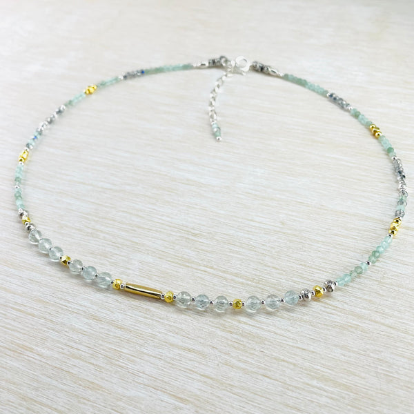 Faceted Aquamarine, Crystal, Silver and Gold Plated Bead Necklace by Emily Merrix.