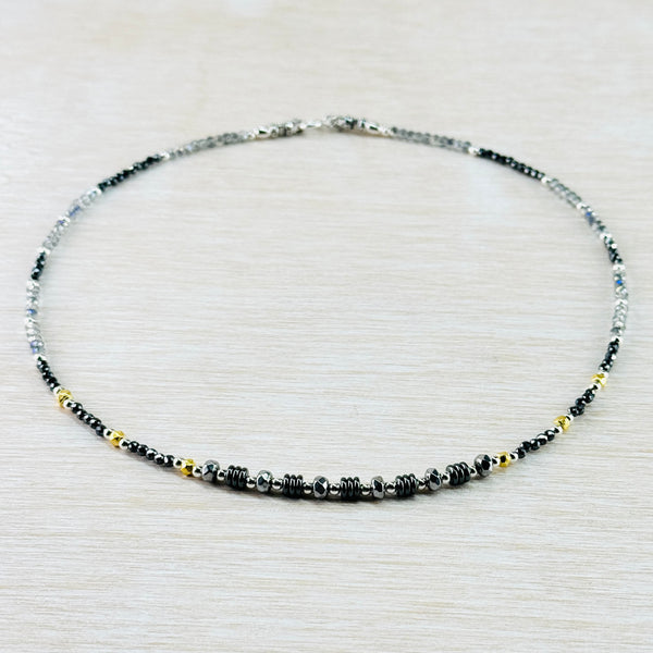 Spinel, Crystal, Hematite and Sterling Silver Bead Necklace by Emily Merrix.