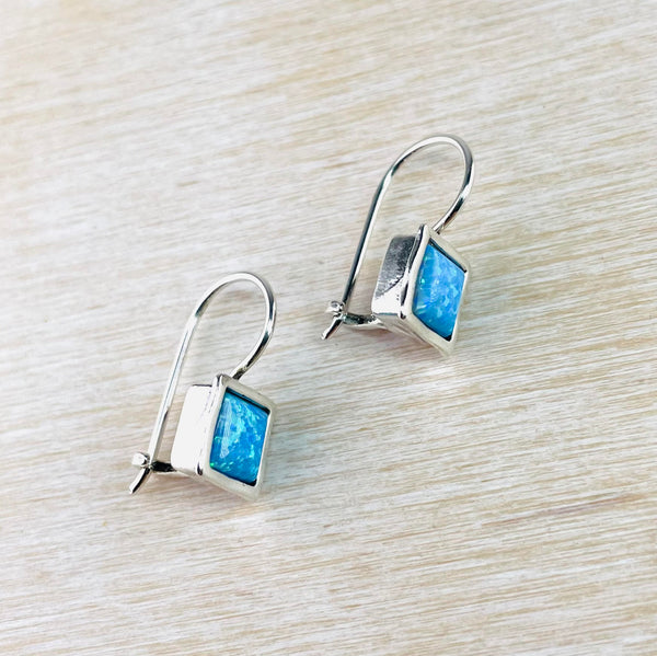 Square Opal and Sterling Silver Drop Earrings.