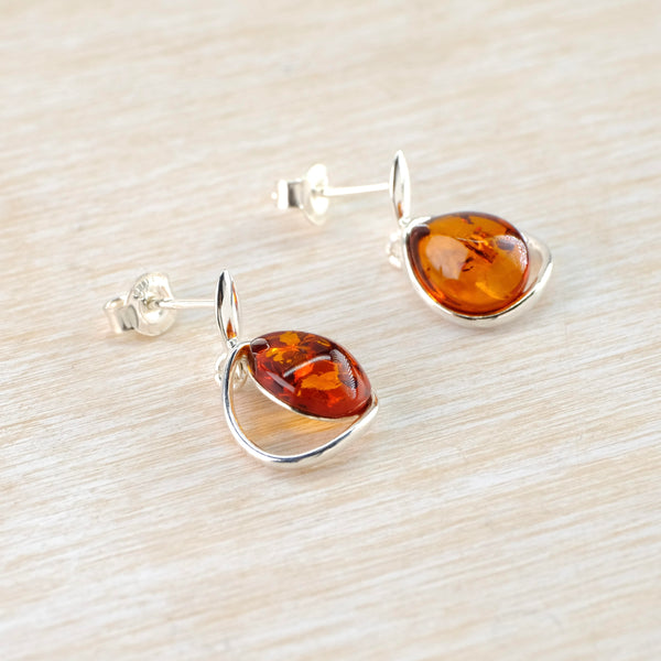 Contemporary Tear Drop Amber and Sterling Silver Earrings.