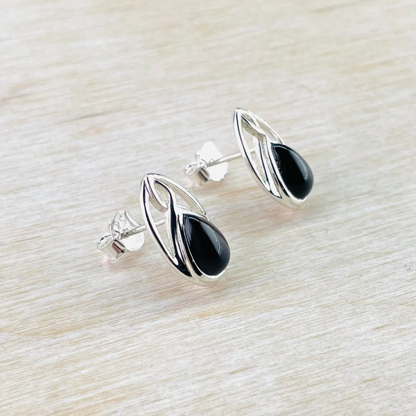 Celtic Design Sterling Silver and Black Onyx Stud Earrings.
