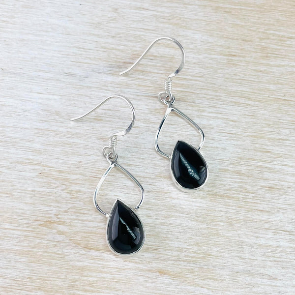 Open Tear Drop Sterling Silver and Black Onyx Drop Earrings.