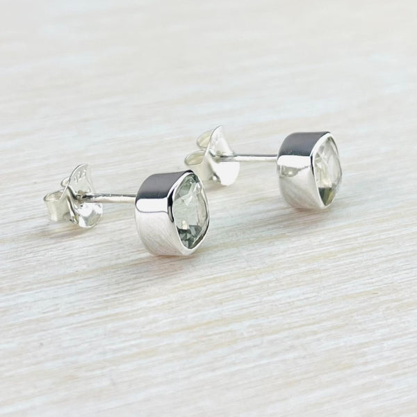 Square Sterling Silver and Green Amethyst Stud Earrings.