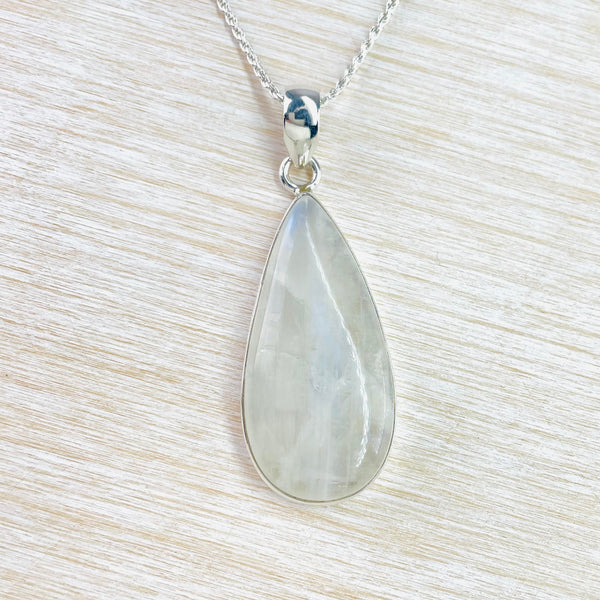 Larger Silver and Tear Drop Rainbow Moonstone Pendant.
