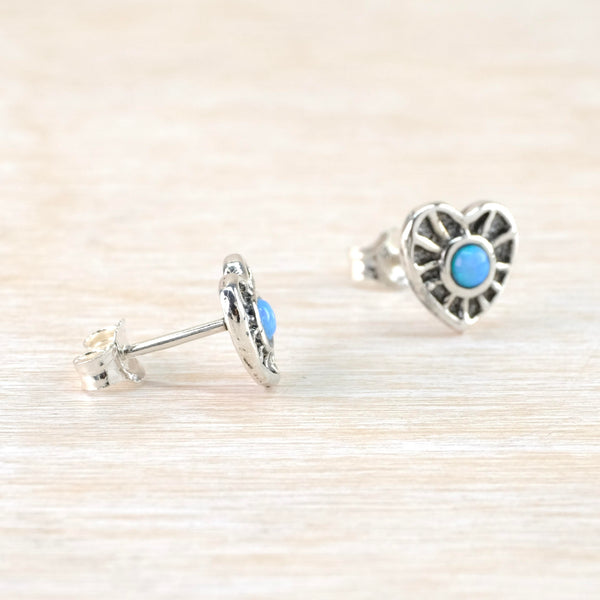 Opal and Sterling Silver Heart Stud Earrings.