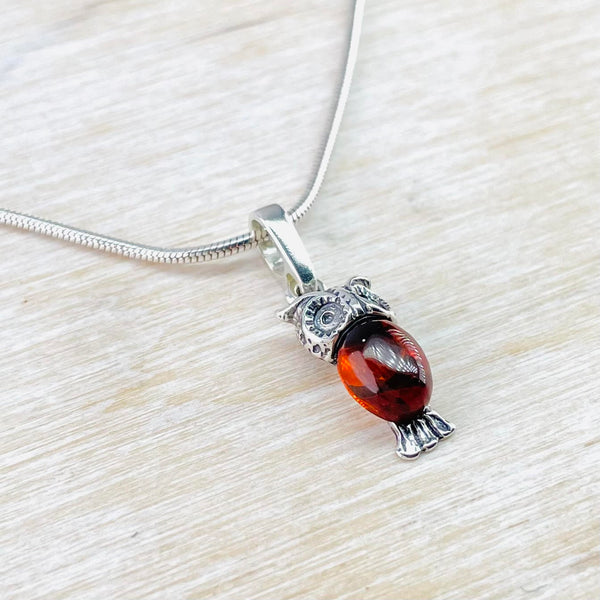 Amber and Sterling Silver Owl Pendant.