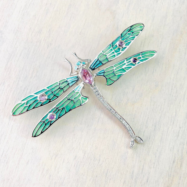 Fine Enamel, Amethyst, White Sapphire and Silver Dragonfly Brooch.
