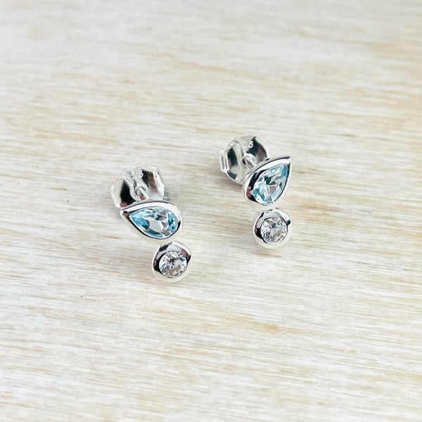 Sterling Silver Blue Topaz CZ Stud Earrings – Lucky Star Design, Nickel Free 925