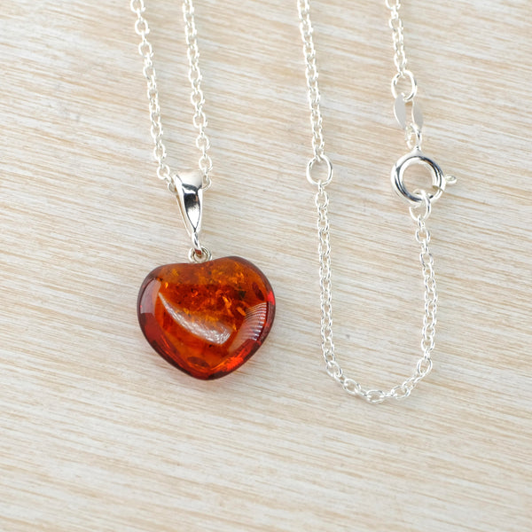 Cognac Amber and Sterling Silver Heart Pendant.