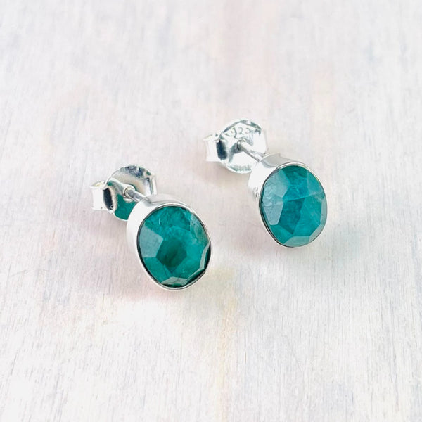 Oval Emerald Quartz and Silver Stud Earrings.