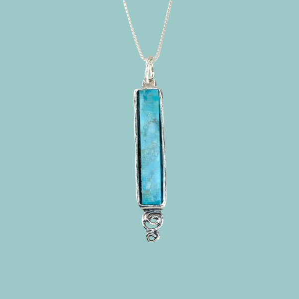 Long Slim Sterling Silver and Turquoise Pendant.
