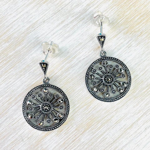 GEM-inside 30mm Ring Beads Marcasite Tibetan Silver Earclip Earrings – Handmade Natural Stone Jewelry Gift - View #7