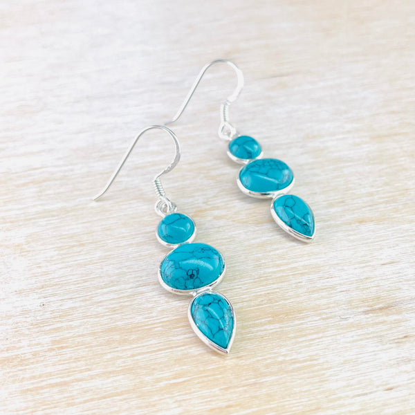 Silver and Blue Turquoise Triple Drop Earrings.