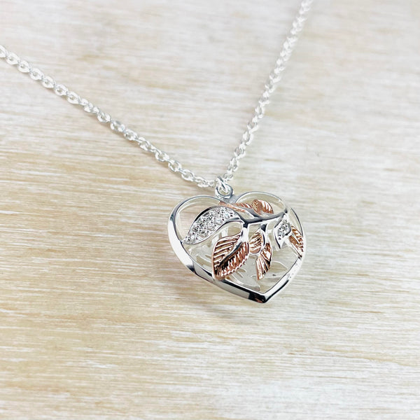 Sterling Silver, Rose Gold Plated and Zirconia Leaf Decorated Heart Pendant by 'Unique and Co'