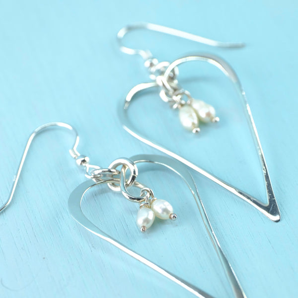 Contemporary Silver and Seed Pearl Heart Drop Earrings.