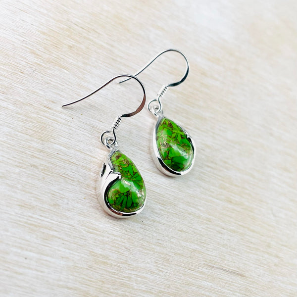 Tear Drop Sterling Silver and Green Mojave Turquoise Earrings.
