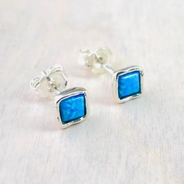 Square Opal and Silver Stud Earrings.