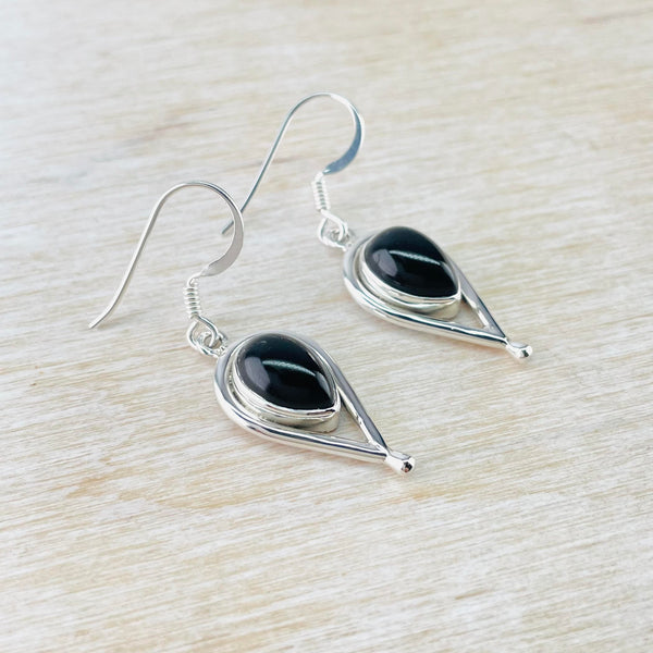 Pear Shaped Sterling Silver and Black Onyx Earrings.
