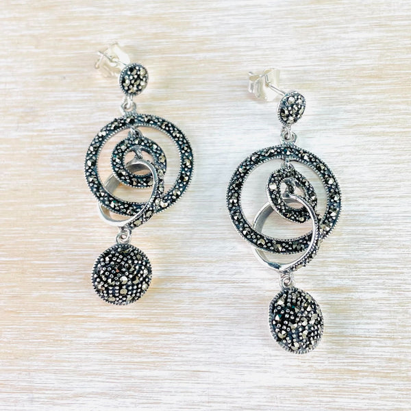 Long 3D Multi Circle Marcasite and Silver Drop Earrings.