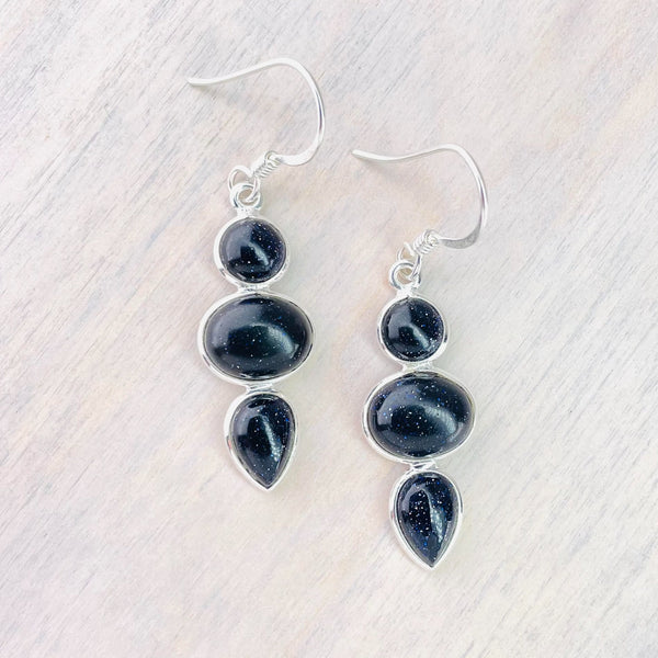 Sterling Silver and Triple Shape Blue Goldstone Drop Earrings.